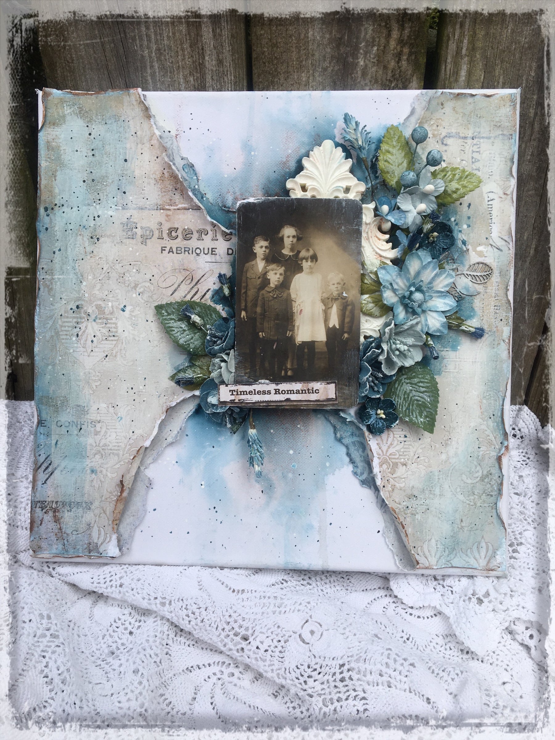 Soft vintage canvas layout. By Louise Crosbie